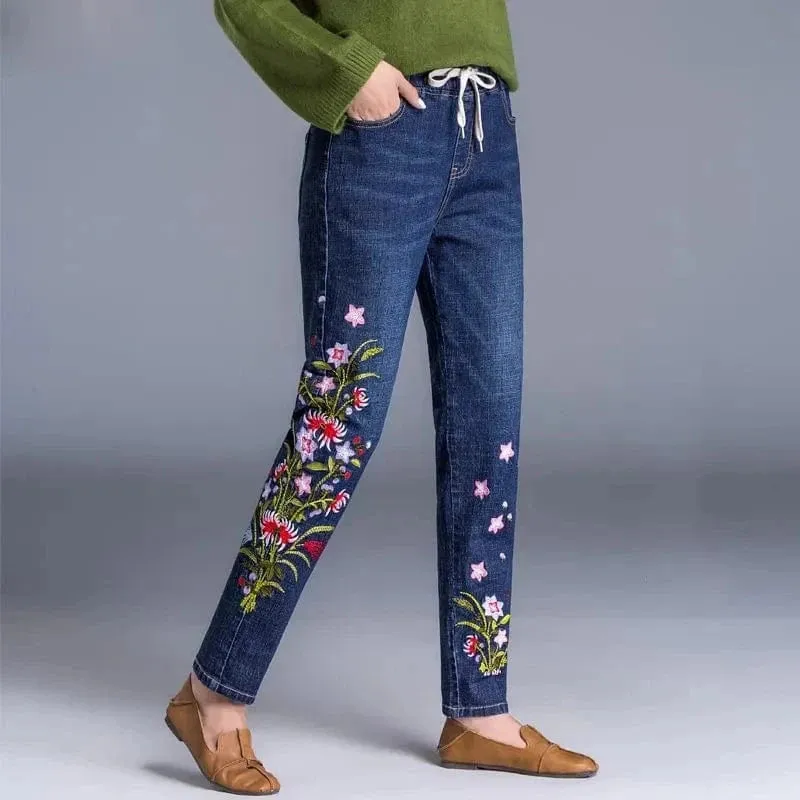 Women’s Light Blue Embroidered Jeans | High Waist Elastic Denim Pants | Straight Leg Cropped Cut Spring Trousers