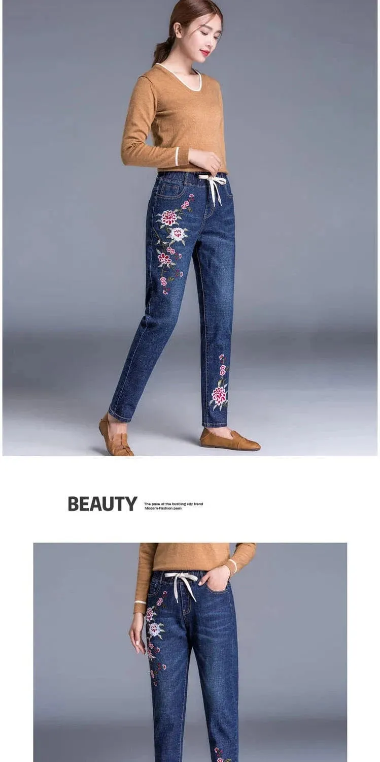 Women’s Light Blue Embroidered Jeans | High Waist Elastic Denim Pants | Straight Leg Cropped Cut Spring Trousers