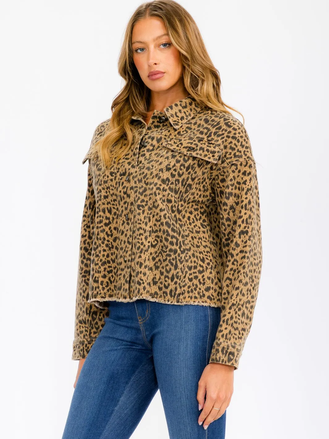 WOMEN'S LONG SLEEVE BUTTON UP POCKETS  ANIMAL PRINT JACKET