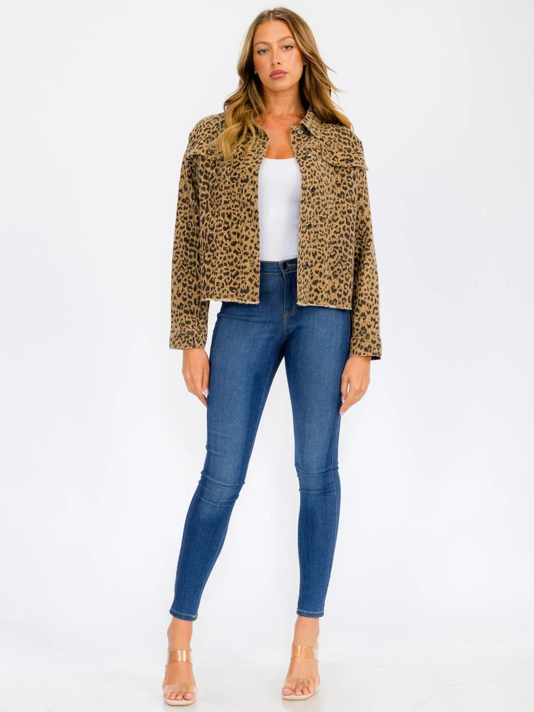 WOMEN'S LONG SLEEVE BUTTON UP POCKETS  ANIMAL PRINT JACKET