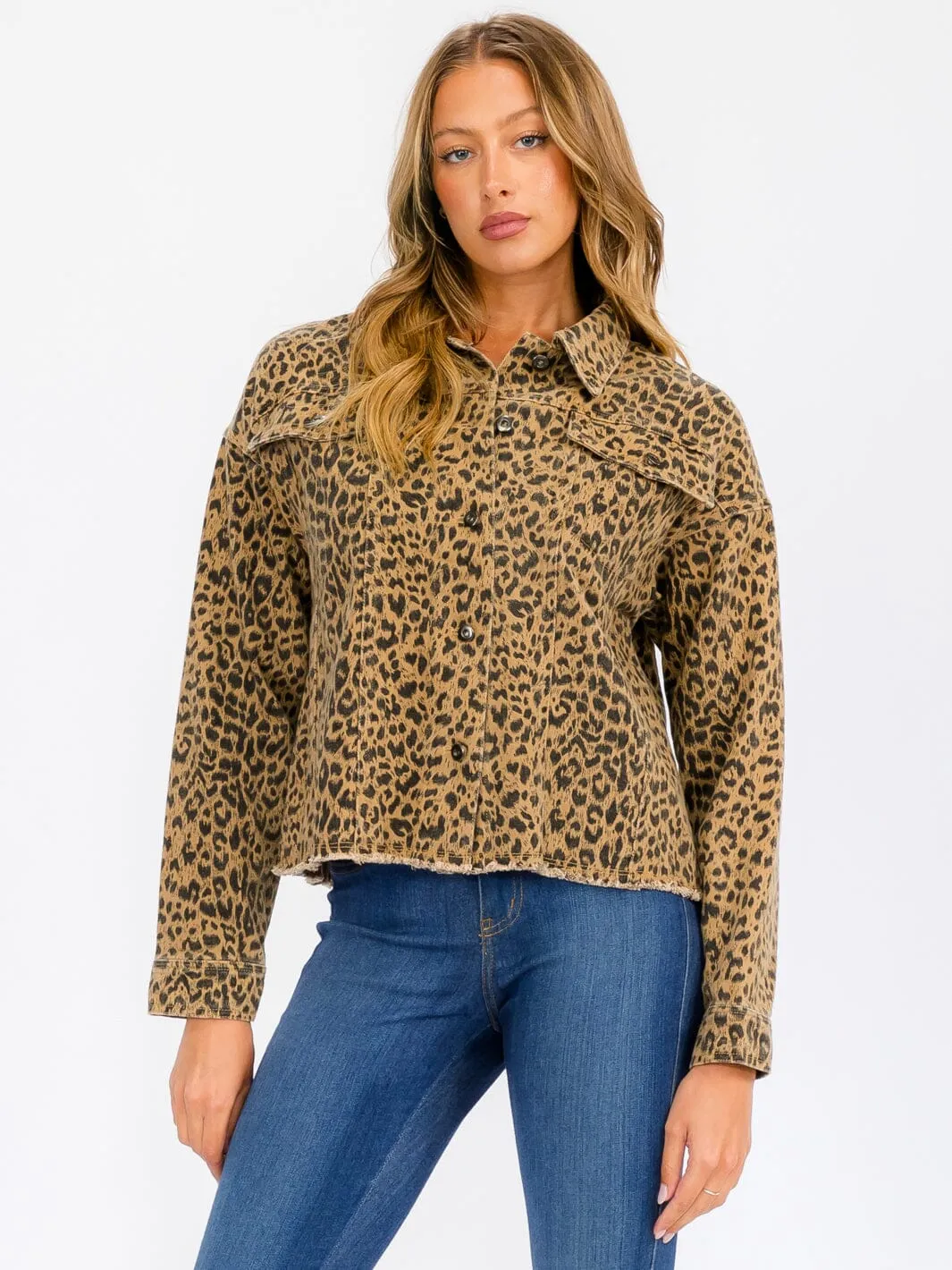 WOMEN'S LONG SLEEVE BUTTON UP POCKETS  ANIMAL PRINT JACKET