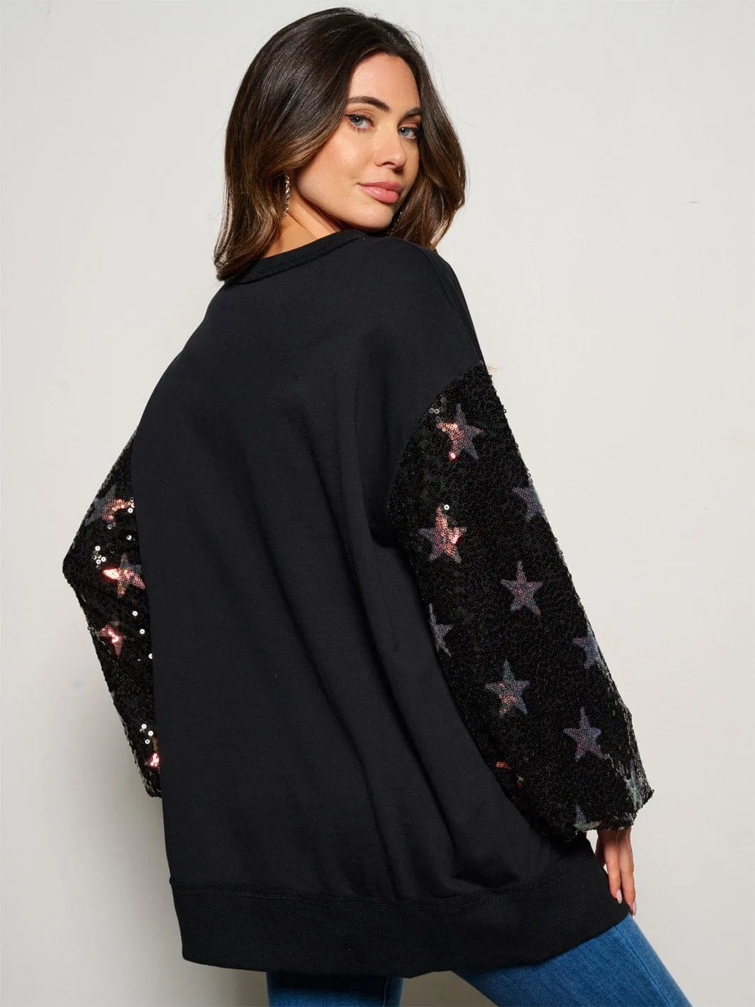 WOMEN'S LONG SLEEVE SEQUINS STARS LOOSE FIT SWEATER