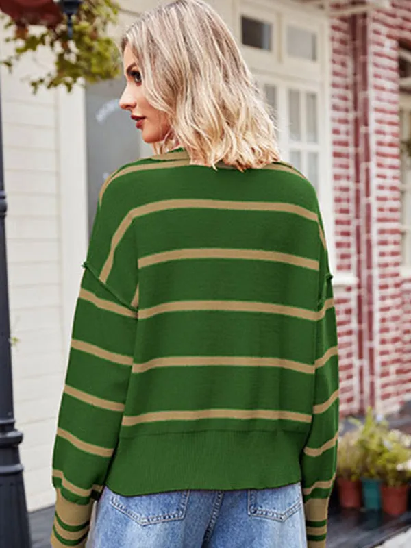 Women's new fashion patchwork striped sweater lapel loose large size sweater