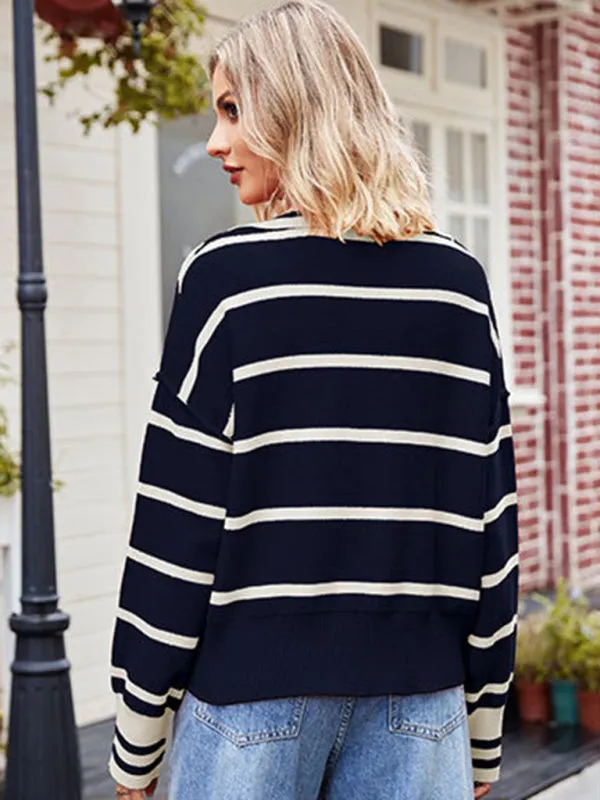 Women's new fashion patchwork striped sweater lapel loose large size sweater