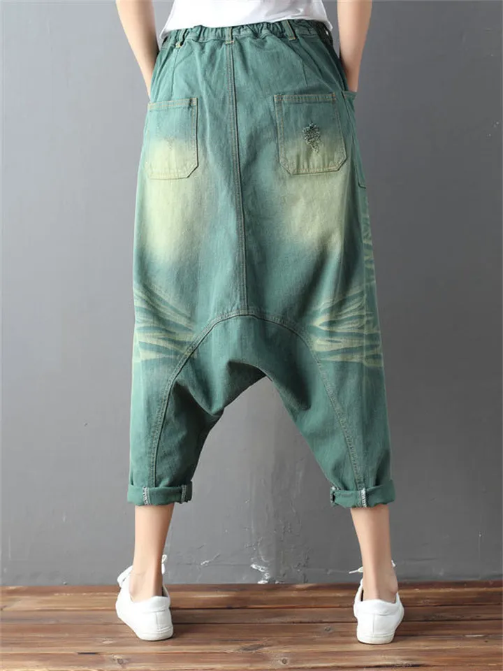 Women's Retro Patch Pocket Ripped Baggy Harem Jeans