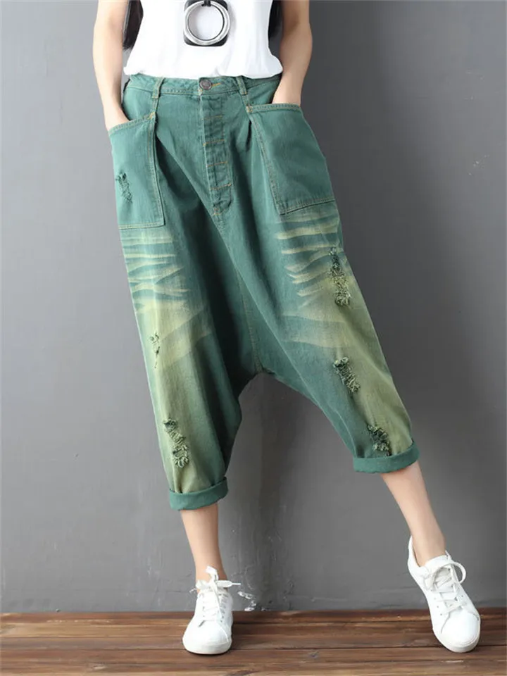 Women's Retro Patch Pocket Ripped Baggy Harem Jeans