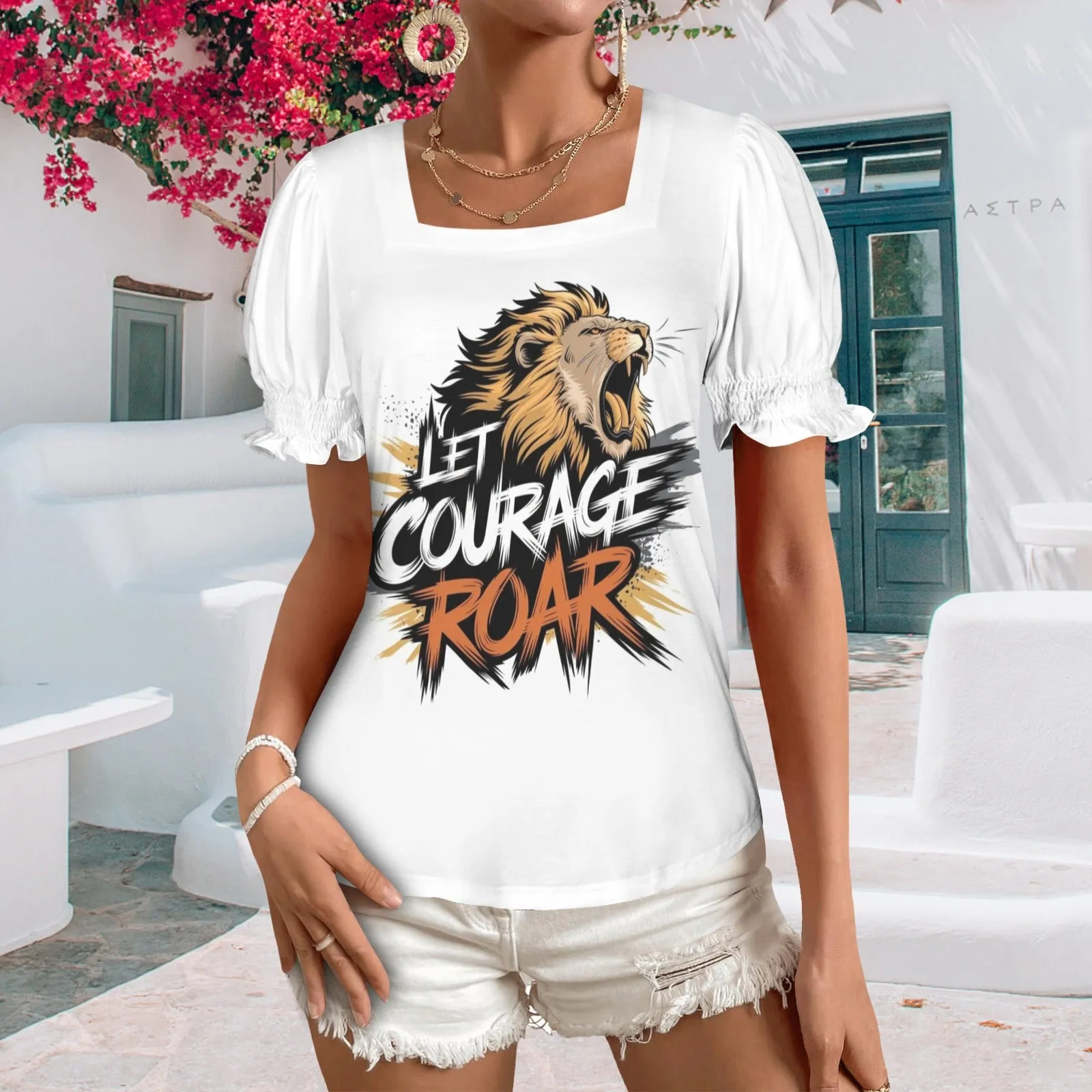 Women's Ruffle Trim Sleeve Square Neck T Shirts