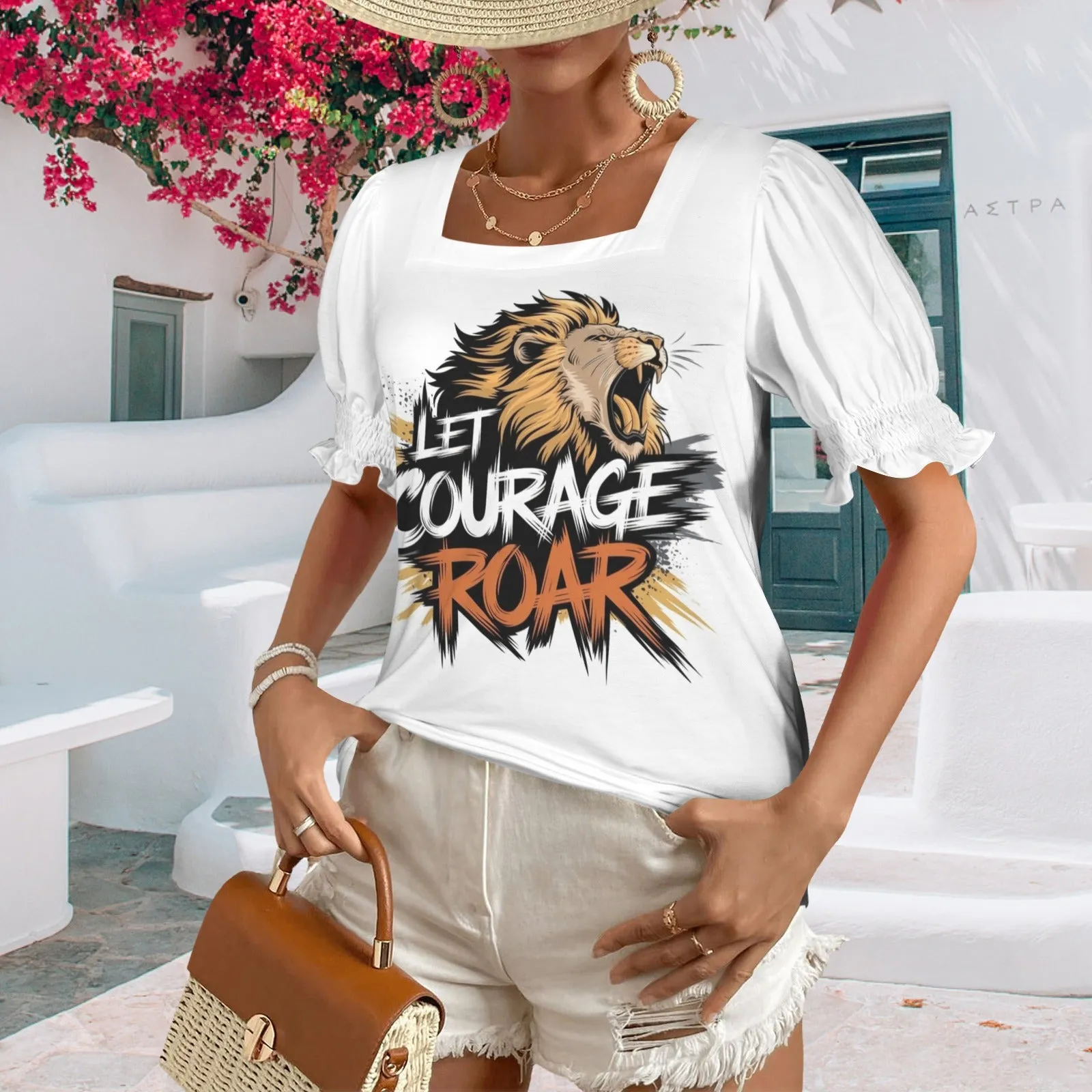 Women's Ruffle Trim Sleeve Square Neck T Shirts