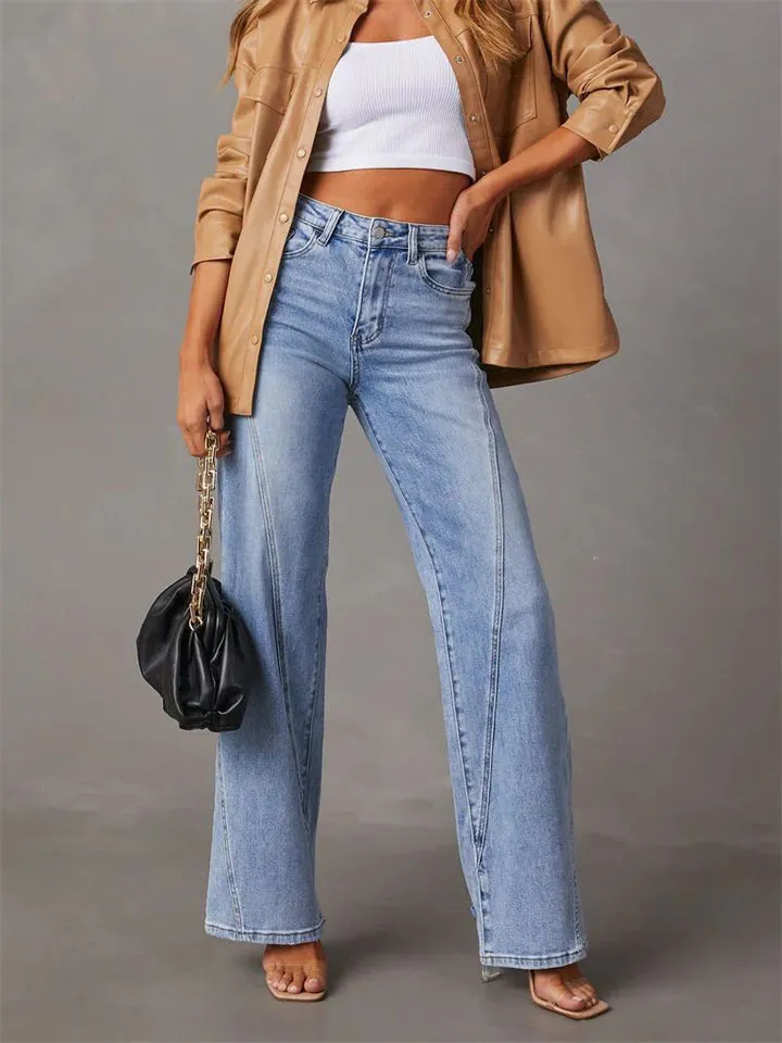 Women's Solid Color High-Rise Splicing Jeans