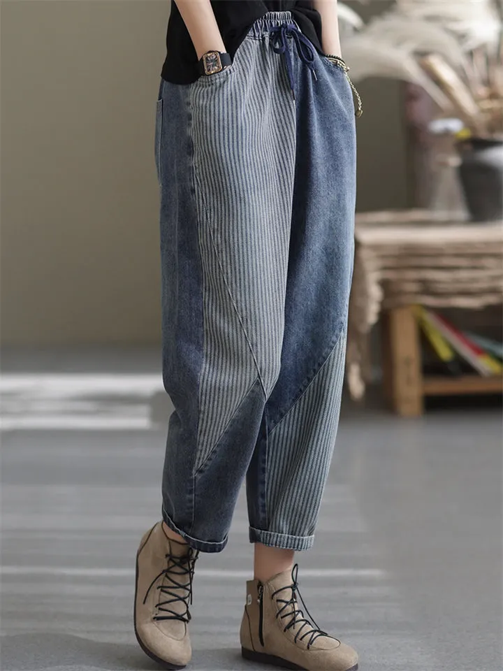Women's Trend Striped Patchwork Blue Denim Pants