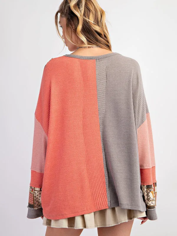 Women's Waffle Top Casual Loose Sweatshirt