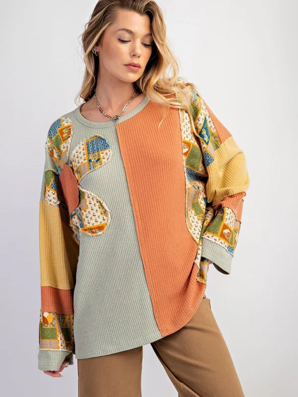Women's Waffle Top Casual Loose Sweatshirt