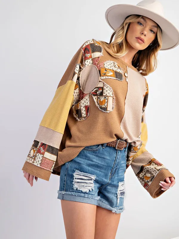 Women's Waffle Top Casual Loose Sweatshirt
