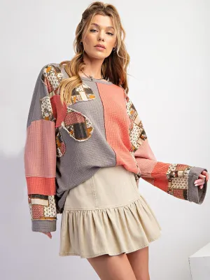 Women's Waffle Top Casual Loose Sweatshirt