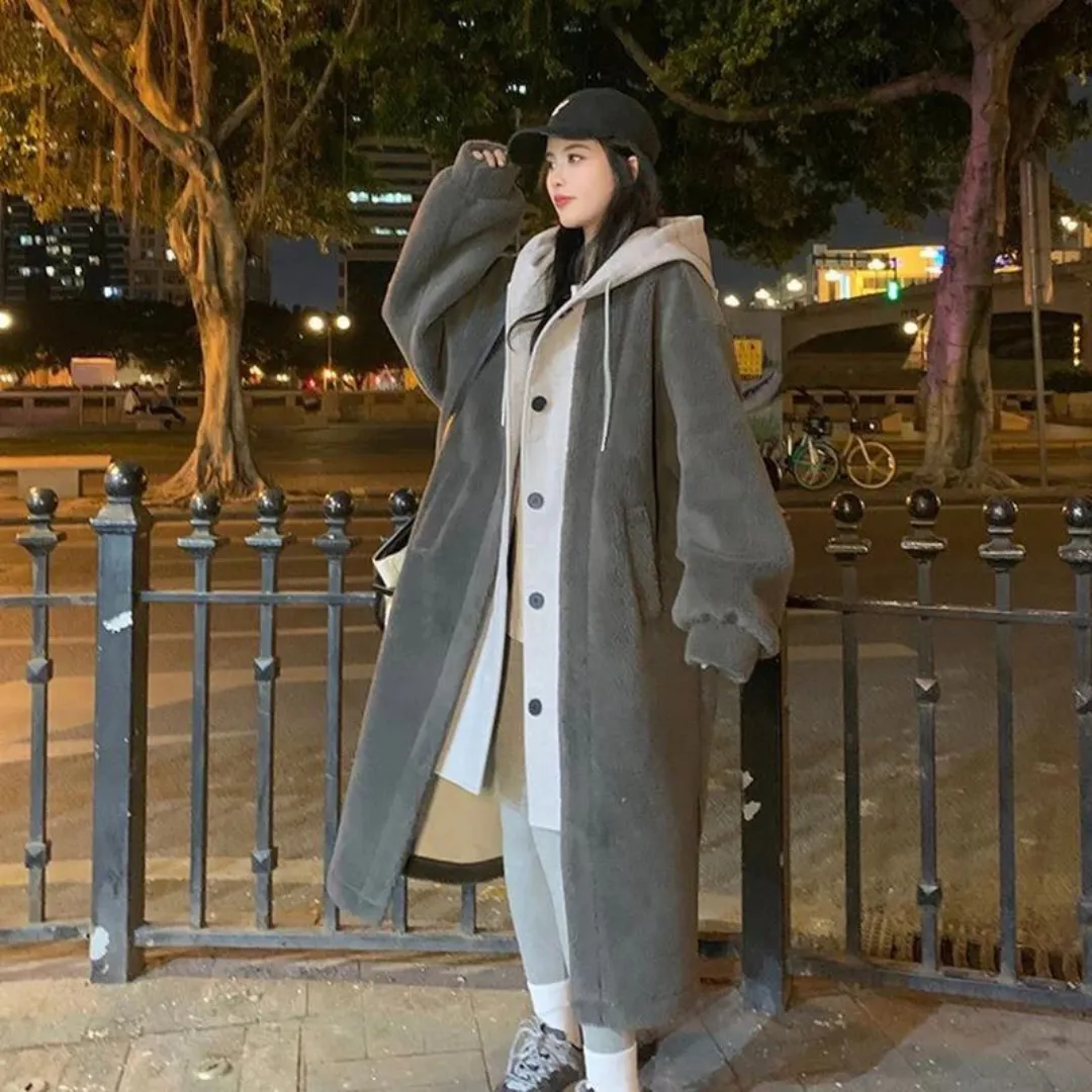 Women's Winter Long Hooded Oversize Jacket | Button Down