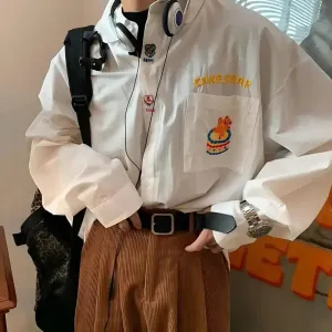 Y2K Oversized Jacket with Charming Bear Embroidery
