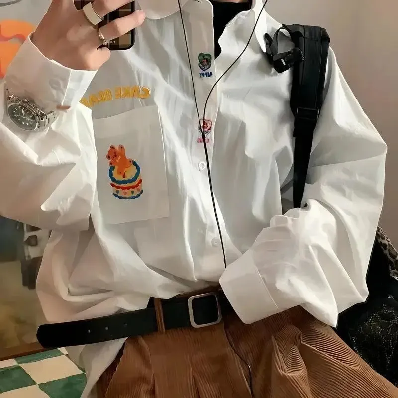 Y2K Oversized Jacket with Charming Bear Embroidery