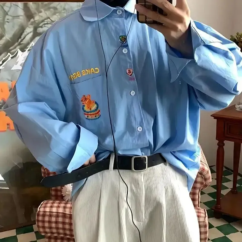 Y2K Oversized Jacket with Charming Bear Embroidery
