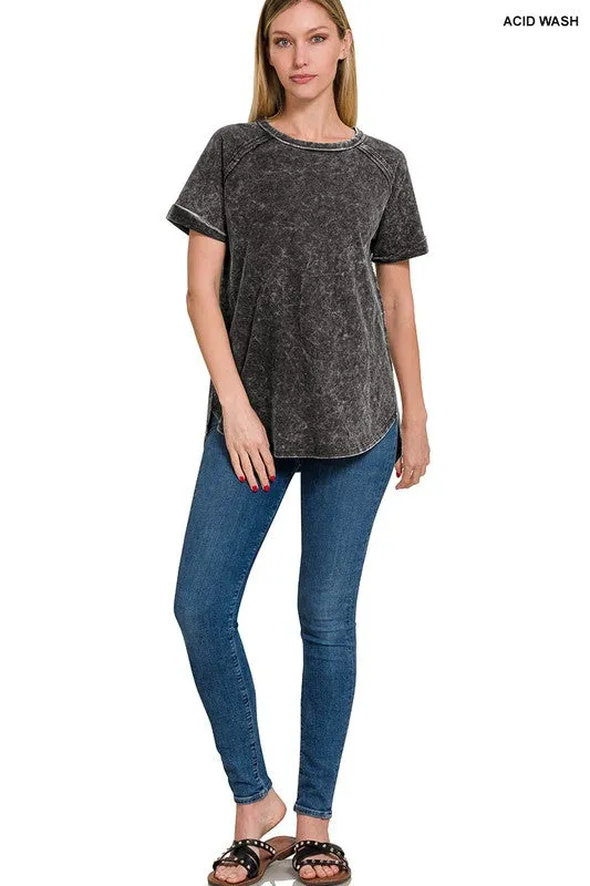 ZENANA F/Terry Acid Wash Short Cuff Sleeve Pullover